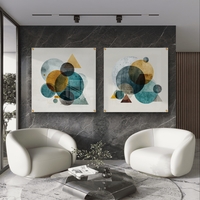 סט תמונות זכוכית מרובעות בגווני טורקיז וחרדל עם צורות גאומטריות — תכשיט לבית