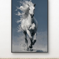 תמונת קנבס של סוס לבן דוהר על רקע כחול עמוק