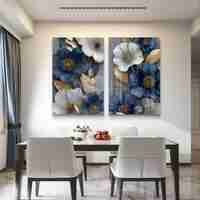 זוג תמונות זכוכית עם פרחים בגווני כחול, לבן וזהב בעיצוב יוקרתי ועדין לסלון