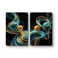 סט תמונות זכוכית זוגי בגווני תכלת וזהב עם גלים וכדורים זוהרים על רקע שחור – תכשיט לבית