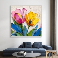 תמונת קנבס מרובעת עם פרחים ורודים וצהובים בסגנון אימפסטו על רקע בהיר