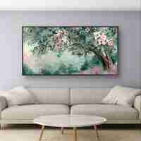 תמונת קנבס פריחת אביב רומנטית – ענפי פרחים בגווני ירוק ופודרה | CJ6532