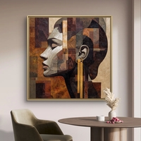 תמונת קנבס מרובעת עם דיוקן נשי אבסטרקטי בפרופיל, בגווני חום, בז’ וזהב, הדפסה חלקה ללא תבליט