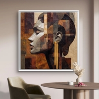 תמונת קנבס מרובעת עם דיוקן נשי אבסטרקטי בפרופיל, בגווני חום, בז’ וזהב, הדפסה חלקה ללא תבליט