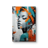 תמונת זכוכית פורטרט מודרני בגווני טורקיז וכתום עם הדפסה חלקה ללא תבליט – תכשיט לבית