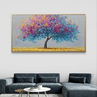 תמונת קנבס לרוחב של עץ פורח בצבעי ורוד ותכלת בסגנון אומנותי לעיצוב הבית