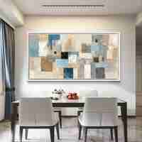 תמונת קנבס לרוחב בעיצוב אבסטרקטי גאומטרי בגווני תכלת, אפור ושמנת לסלון מודרני