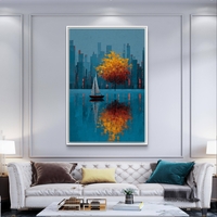 תמונת קנבס מודרנית כחול כתום עם השתקפות במים