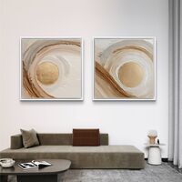 זוג תמונות קנבס מרובעות בגווני שמנת, חום וזהב עם תנועת מעגלים מודרנית – תכשיט לבית