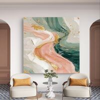 תמונת זכוכית אבסטרקטית מרובעת בגווני ירוק מרווה ורוד עם נגיעות זהב בעיצוב יוקרתי