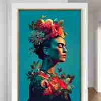 תמונת קנבס של פרידה קאלו בפרופיל אומנותי עם פרחים צבעוניים על רקע כחול, מתוך קולקציית NEXTGEN BY BAR מבית תכשיט לבית.
