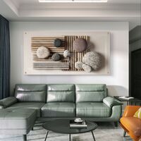 תמונת זכוכית אופקית עם אבנים מעוגלות ולוחות עץ בעיצוב טבעי-מינימליסטי בהדפסה חלקה