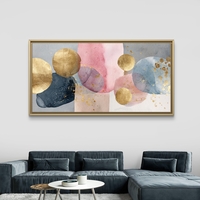 תמונת קנבס אבסטרקט אקוורל עם עיגולי זהב מטאליים וגווני ורוד פודרה וכחול