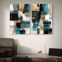 תמונת זכוכית זוגית אבסטרקטית בגווני טורקיז שחור וזהב בהדפסה חלקה מודרנית