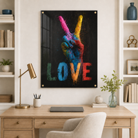 LOVE בצבעי ניאון - תמונת זכוכית אנכית פופ ארט עם יד שלום וטקסט LOVE על רקע שחור – דגם MTG9333