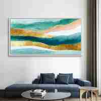 תמונת קנבס אבסטרקט טורקיז וזהב לרוחב – גלי אקוורל יוקרתיים | CJ6531