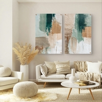 סט תמונות זכוכית זוגי אבסטרקטי בגווני בז’ וירקרק בעיצוב מודרני ורגוע