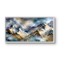 תמונת קנבס נוף הרים אמנותי בגווני כחול זהב ואפור – תכשיט לבית