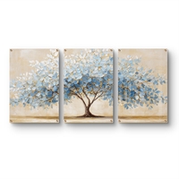 סט שלישייה של תמונות זכוכית עם עץ אבסטרקטי רחב בגווני תכלת, שמנת וזהב בעיצוב מודרני ורגוע