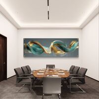 תמונת זכוכית פנורמית עם גל אבסטרקטי בגווני טורקיז וזהב בעיצוב מודרני ויוקרתי