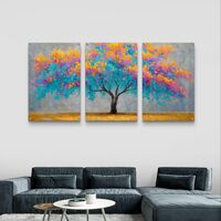 שלישיית תמונות זכוכית עם עץ צבעוני בגווני טורקיז, ורוד וכתום, בהדפסה חלקה ומבריקה לעיצוב קיר יוקרתי