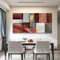 תמונת זכוכית לרוחב בעיצוב אבסטרקטי עם בלוקים גיאומטריים בגווני בורדו, חום, אפור ונגיעות זהב בהדפסה חלקה