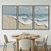 סט שלושה קנבסים עם גלי ים בגווני בז׳ ותכלת