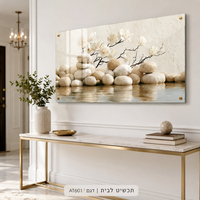 פריחת מגנוליה על אבני שלווה – תמונת זכוכית לרוחב בגווני שמנת לסלון | AT601