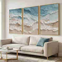 שלשת תמונות קנבס חוף טקסטורלי בגווני שמנת, חול ותכלת – דגם TA1362