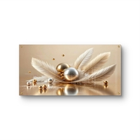 נוצת שמפניה – תמונת זכוכית נוצות שמנת וזהב עם כדורים דקורטיביים | PN1004