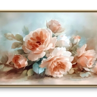 תמונת קנבס לרוחב עם ורדים בגווני אפרסק ותכלת פסטלי.