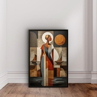 תמונת קנבס עם דמות נשית מופשטת בסגנון גאומטרי בגווני אדמה וכחול בעיצוב אלגנטי ומודרני