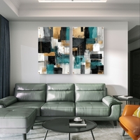 תמונת זכוכית זוגית אבסטרקטית בגווני טורקיז שחור וזהב בהדפסה חלקה מודרנית