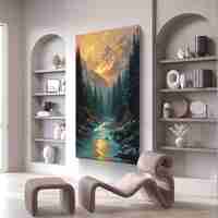 נהר זהוב בין ההרים – תמונת קנבס נוף הרים ויער בגווני כחול וזהב | DC4474