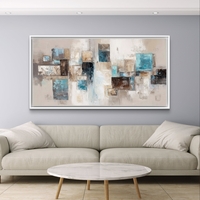 תמונת קנבס לרוחב בעיצוב אבסטרקטי עם צורות גאומטריות בגווני תכלת, בז’ ושמנת