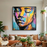 תמונת קנבס דיוקן צבעוני בסגנון סטריט-ארט עם כתום, טורקיז, ורוד וטפטופי צבע