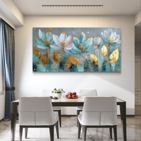 תמונת זכוכית לרוחב עם פרחי לוטוס בגווני תכלת וזהב בהדפסה חלקה וללא תבליט