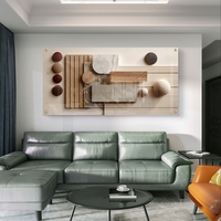 תמונת זכוכית לרוחב בעיצוב אבסטרקטי גאומטרי עם טקסטורות המדמות עץ ואבן בגווני בז׳ וחום, בהדפסה חלקה לעיצוב קיר מודרני ויוקרתי.