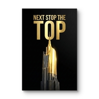 תמונת קנבס לאורך עם מסר מוטיבציה Next Stop The Top בגווני שחור וזהב, הדפסה חלקה ללא תבליט