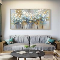 תמונת קנבס לסלון עם עצים פורחים בתכלת-אפור, פריחה לבנה ונגיעות זהב, פורמט רוחבי