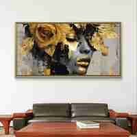 תמונת קנבס לרוחב עם דיוקן נשי דרמטי בגווני שחור וזהב ועיטורי עלי זהב