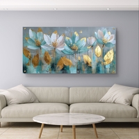 תמונת זכוכית לרוחב עם פרחי לוטוס בגווני תכלת וזהב בהדפסה חלקה וללא תבליט