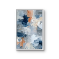 תמונה אבסטרקטית לקיר בפורמט אנכי עם צבעי כחול מעושן ואפרסק עדין