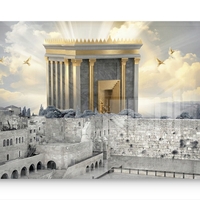 תמונת זכוכית קדושה של בית המקדש בירושלים עם אור שמימי ויונים בהדפסה חלקה