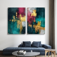 תמונת זכוכית זוגית אבסטרקטית בגווני טורקיז ובורדו עם נגיעות זהב, הדפסה חלקה ללא תבליט