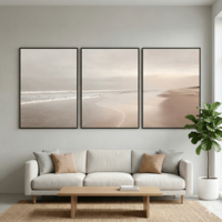 שלישיית תמונות קנבס של חוף ים בגוונים רגועים