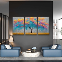 שלישיית תמונות זכוכית עם עץ צבעוני בגווני טורקיז, ורוד וכתום, בהדפסה חלקה ומבריקה לעיצוב קיר יוקרתי