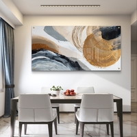 תמונת זכוכית לרוחב בעיצוב אבסטרקטי עם גווני אפור וכחול ונגיעות זהב