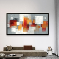 תמונת קנבס לרוחב בהדפסה חלקה עם צורות אבסטרקטיות בגווני אפור, לבן וכתום, בעיצוב מודרני ואלגנטי לבית.