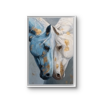 זוג סוסים מלכותיים – תמונת קנבס אמנותית בכחול, לבן ונגיעות זהב | CY1214